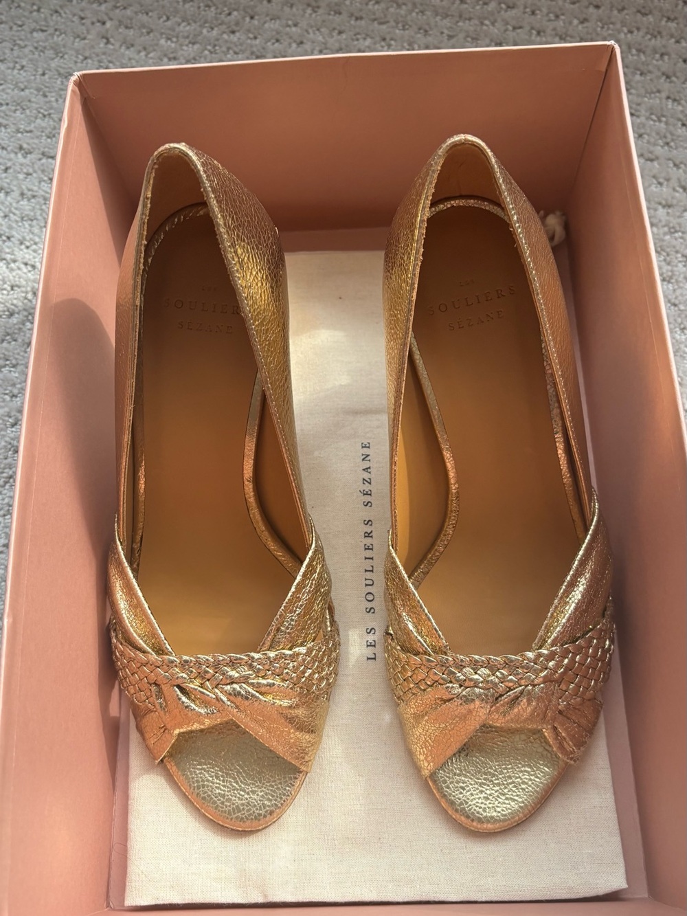 Sezane Metallic Gold Braided Peep-Toe Pumps
